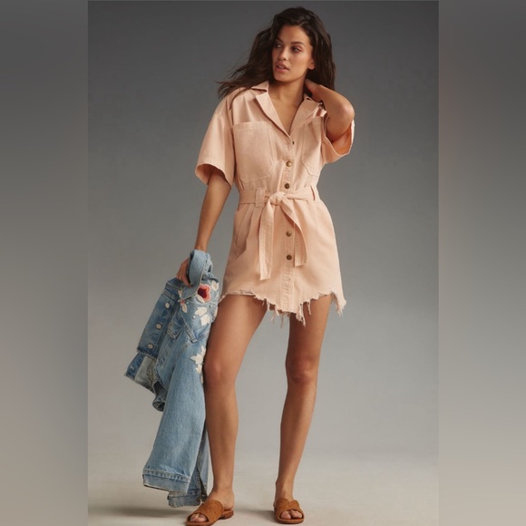 ✨ Anthropologie Short-Sleeve Deconstructed Denim Mini Dress Sz L - Picture 3 of 9